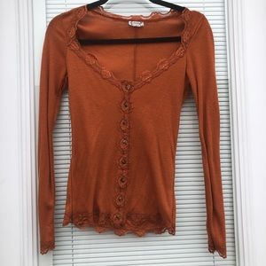 Intimately Free People Burnt Orange Rust Long Sleeve Lace Henley Layering Tee